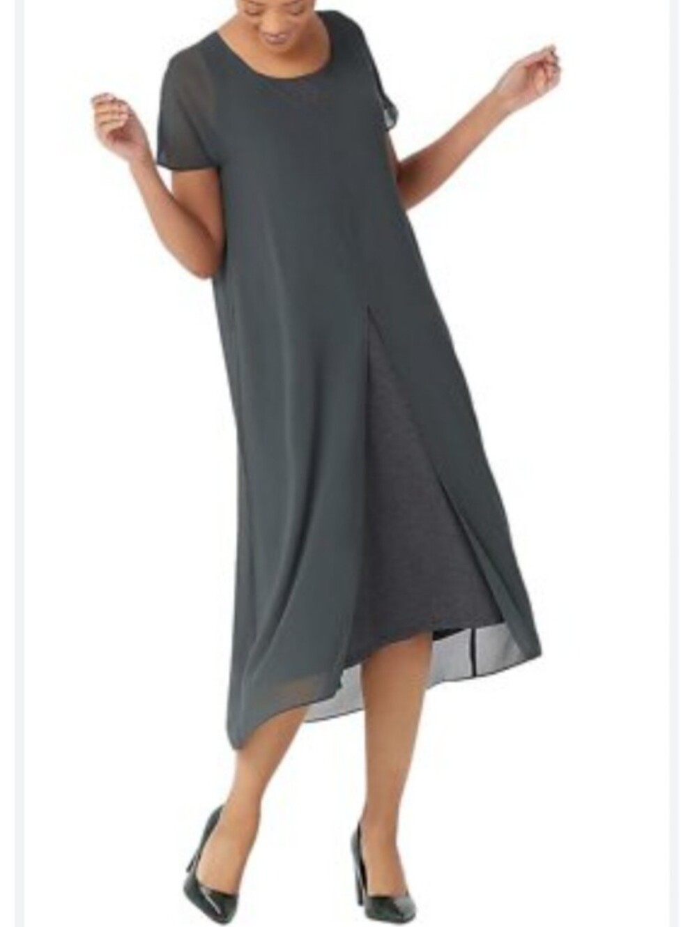 LOGO Lori Goldstein Green Semi-Sheer Overlay Front Slit Tunic Midi Dress M